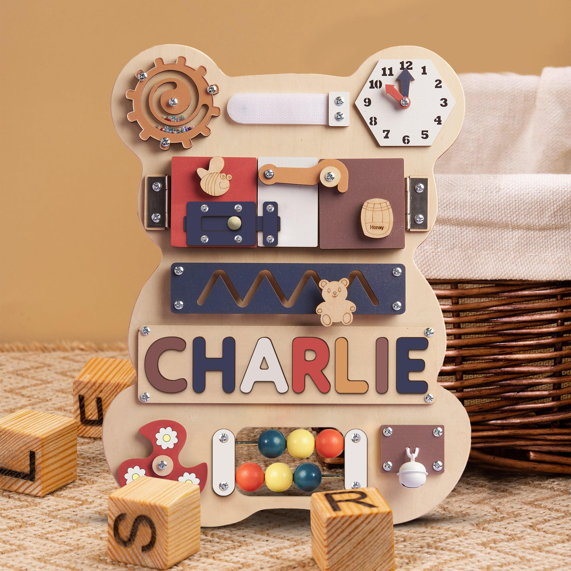 Personalized Baby Busy Board, Wooden Montessori Toys, Baby Shower Gift, Toddler Gifts, Baby Christmas Gifts Custom Name Puzzle BB04