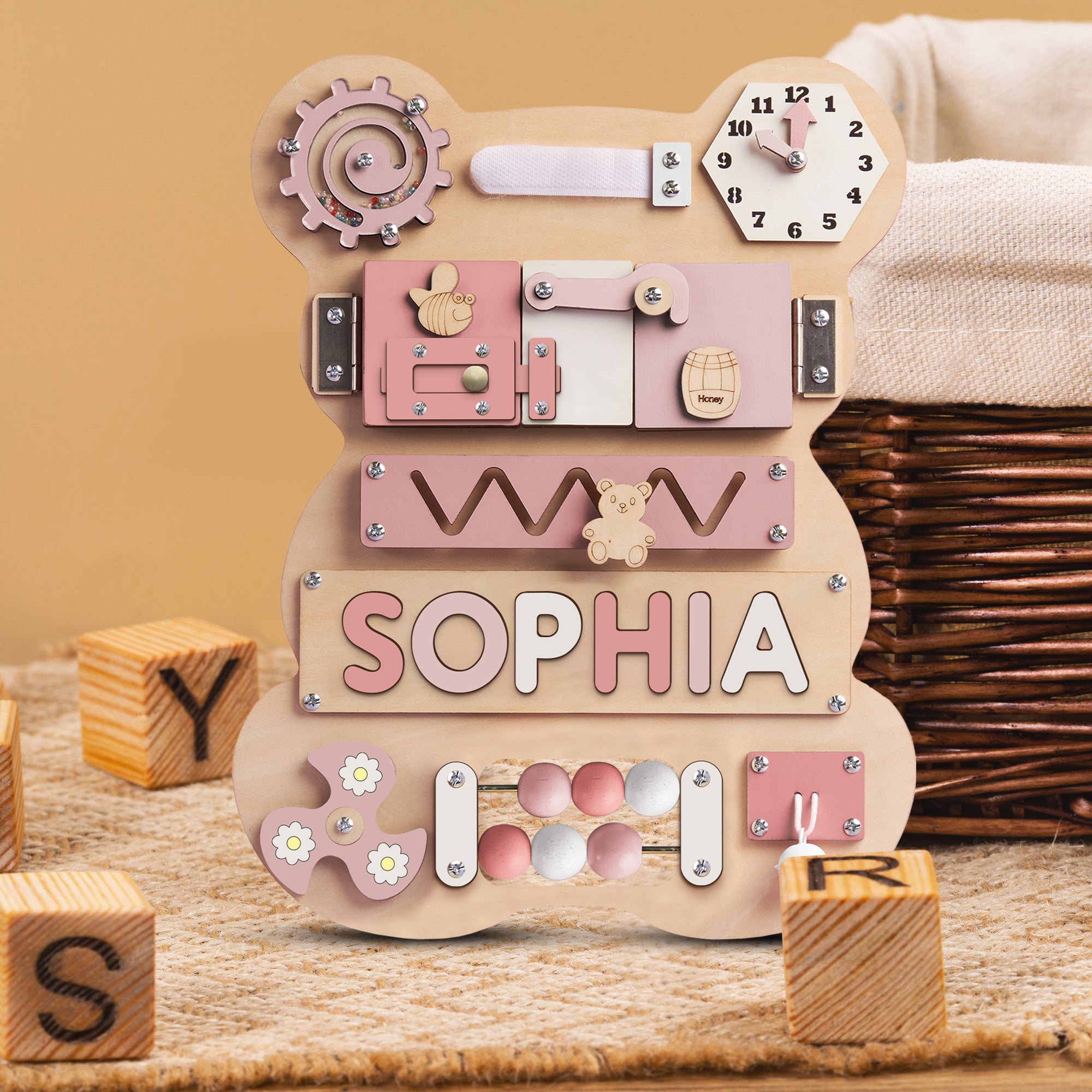 Personalized Baby Busy Board, Wooden Montessori Toys, Baby Shower Gift, Toddler Gifts, Baby Christmas Gifts Custom Name Puzzle BB04