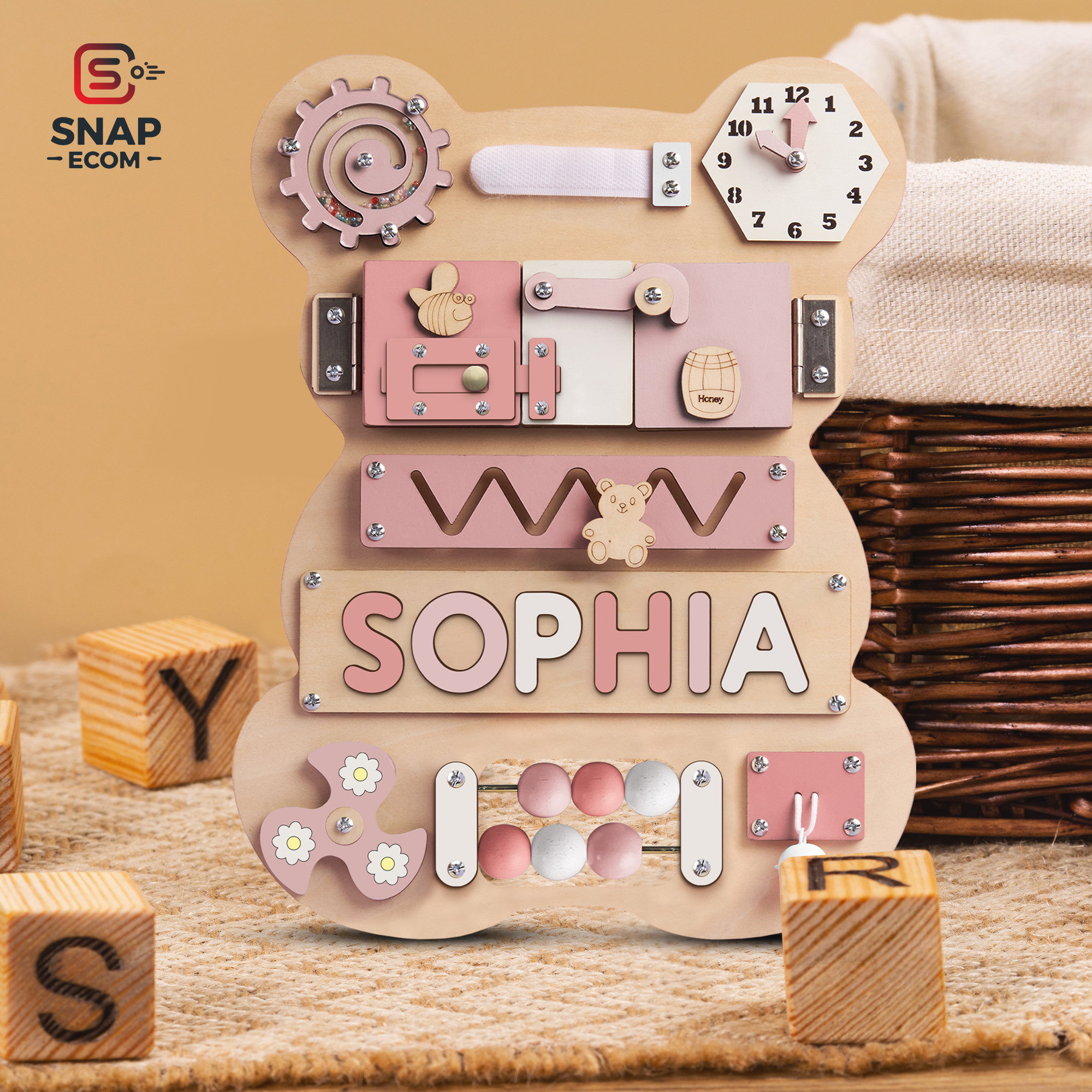 Personalized Baby Busy Board, Wooden Montessori Toys, Baby Shower Gift, Toddler Gifts, Baby Christmas Gifts Custom Name Puzzle BB04