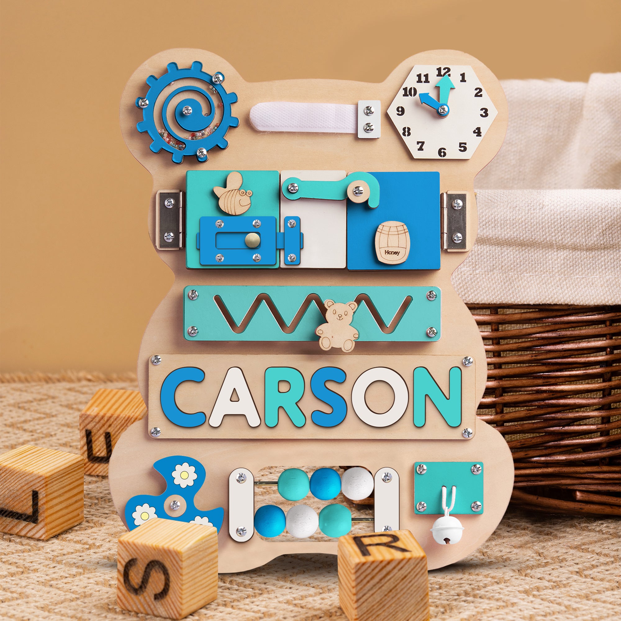 Personalized Baby Busy Board, Wooden Montessori Toys, Baby Shower Gift, Toddler Gifts, Baby Christmas Gifts Custom Name Puzzle BB04